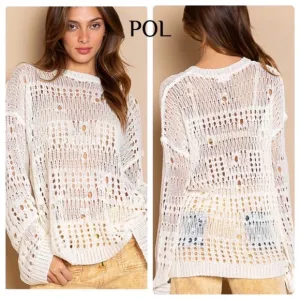 (28)New Beautiful POL Crochet Detail Oversized Ivory Lightweight Sweater