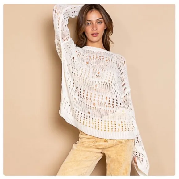 (28)New Beautiful POL Crochet Detail Oversized Ivory Lightweight Sweater