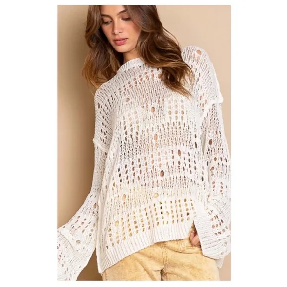(28)New Beautiful POL Crochet Detail Oversized Ivory Lightweight Sweater