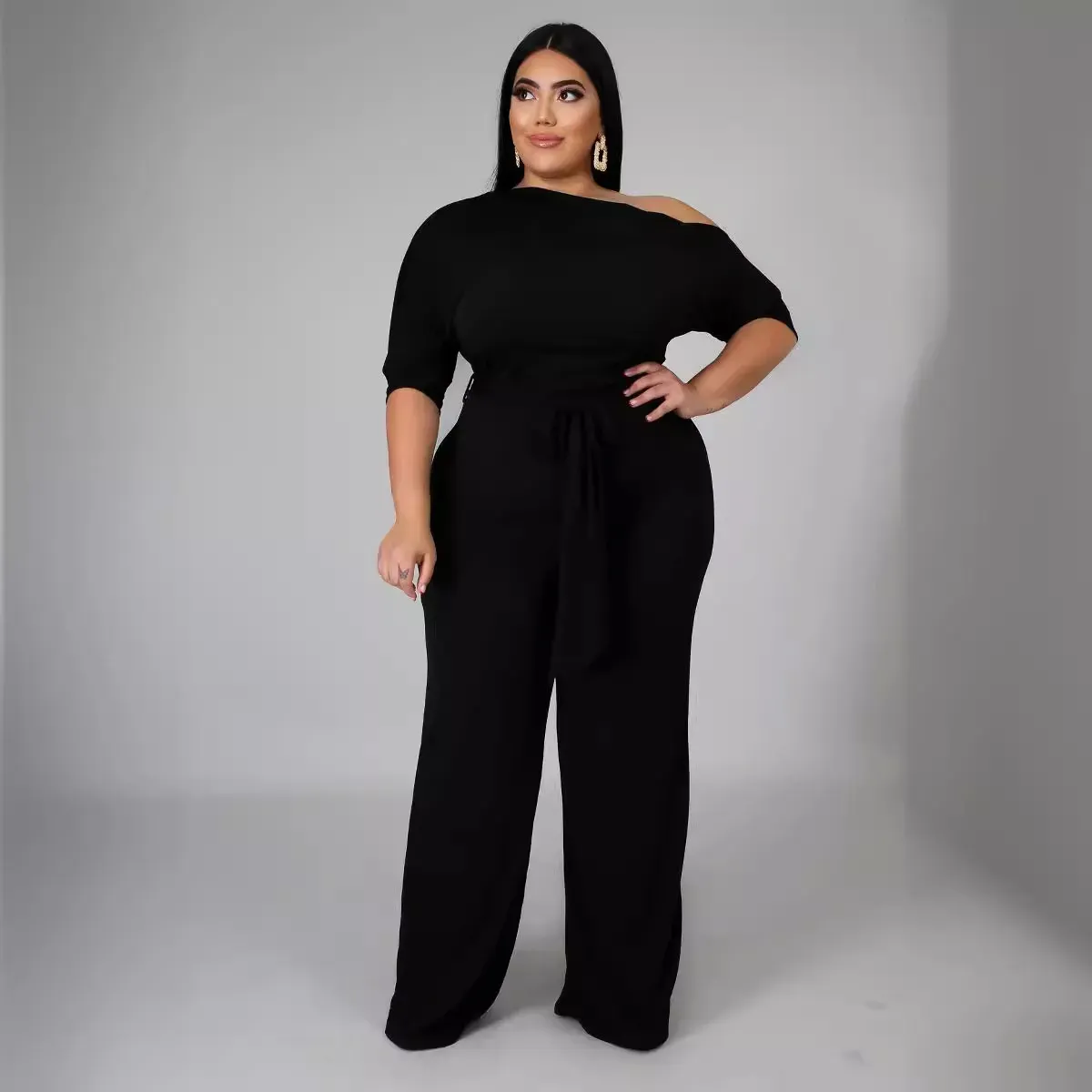 Abigail Plus Size Off-Shoulder Belted Wide-Leg Jumpsuit