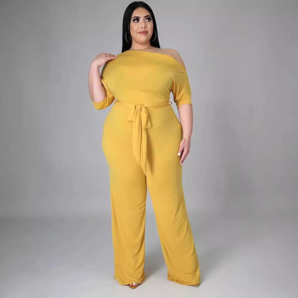 Abigail Plus Size Off-Shoulder Belted Wide-Leg Jumpsuit