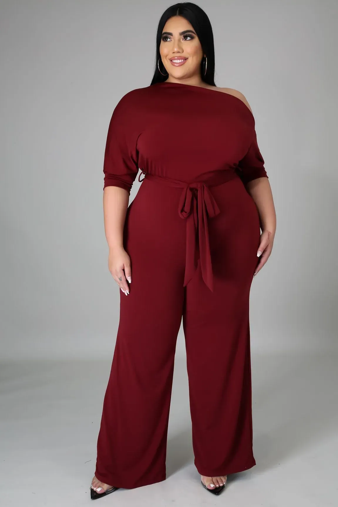 Abigail Plus Size Off-Shoulder Belted Wide-Leg Jumpsuit