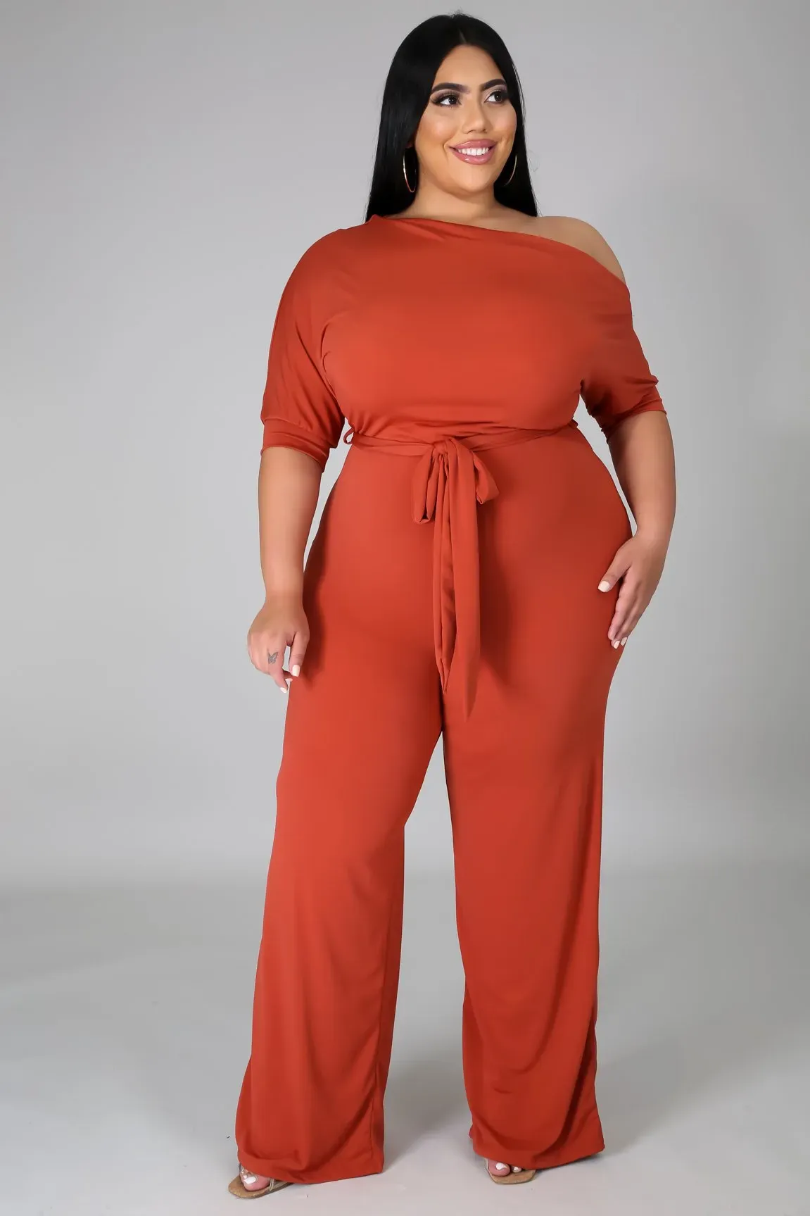 Abigail Plus Size Off-Shoulder Belted Wide-Leg Jumpsuit