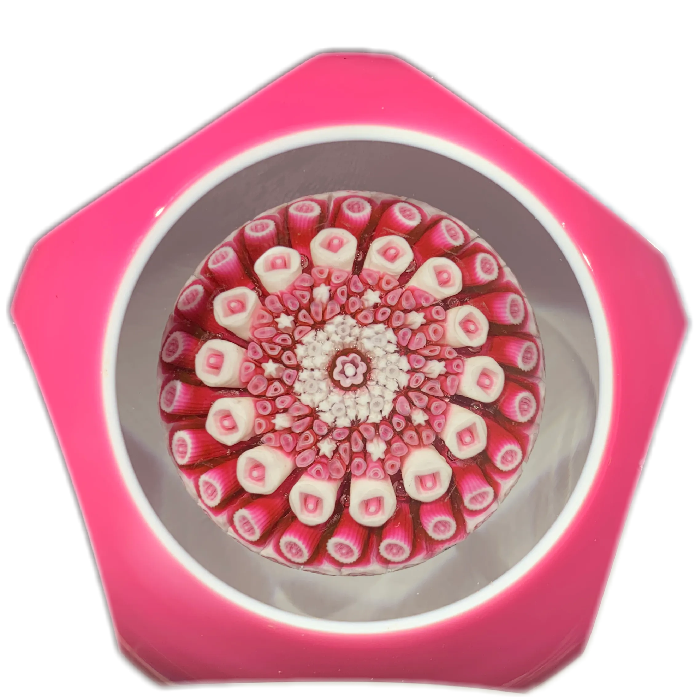 Baccarat 1973 Art Glass Paperweight Millefiori Mushroom & Faceted Pink over White Double Overlay