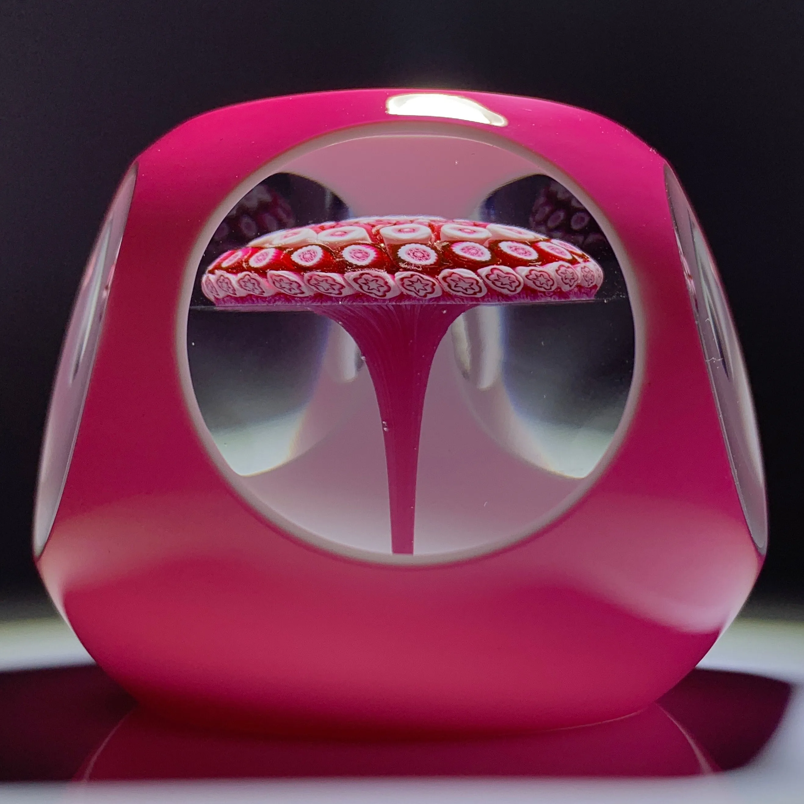 Baccarat 1973 Art Glass Paperweight Millefiori Mushroom & Faceted Pink over White Double Overlay