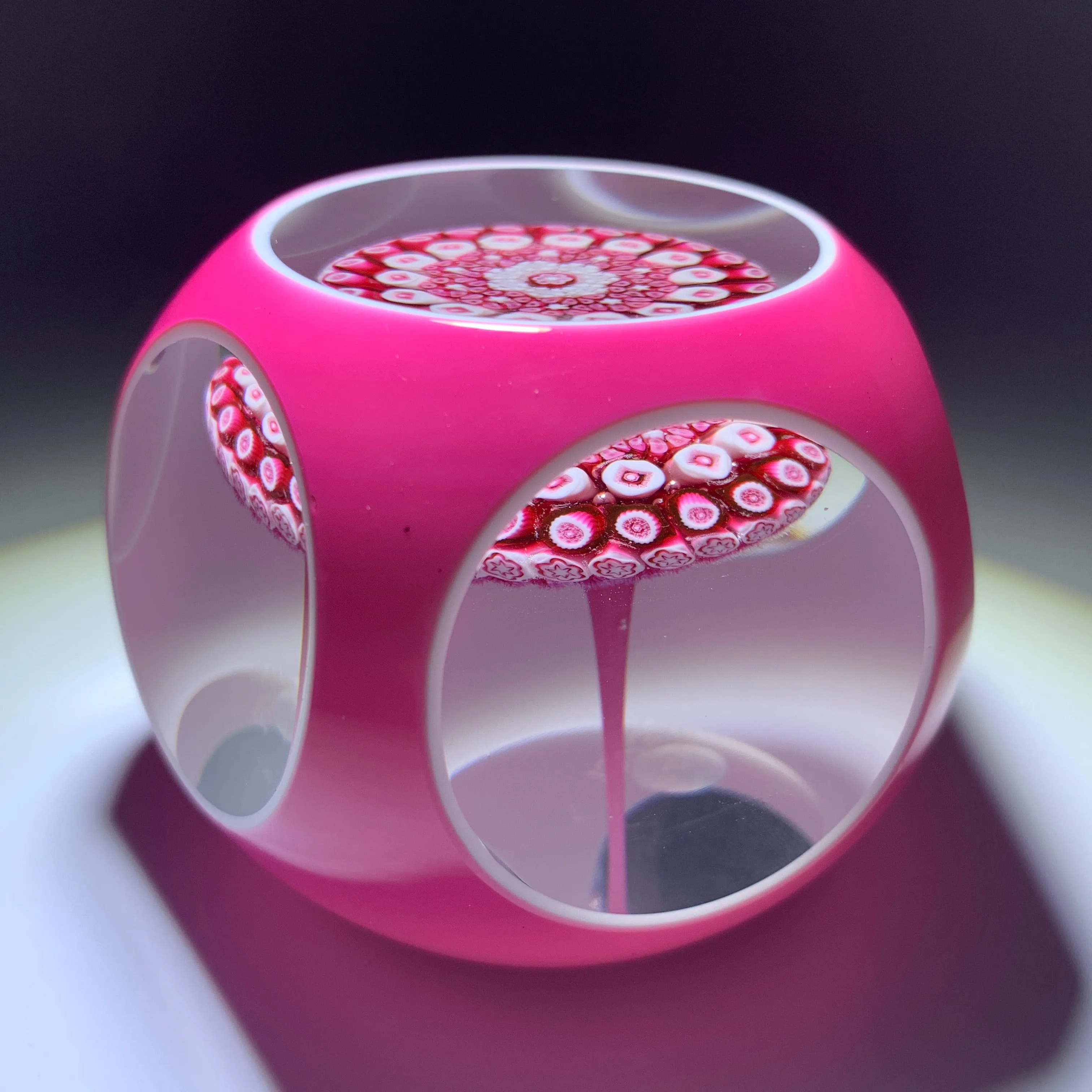 Baccarat 1973 Art Glass Paperweight Millefiori Mushroom & Faceted Pink over White Double Overlay