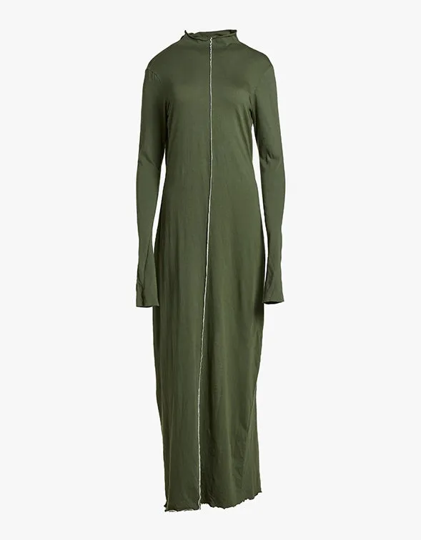 Bassike x Superette Raised Neck Contrast L/S Dress - Khaki Green/Salt
