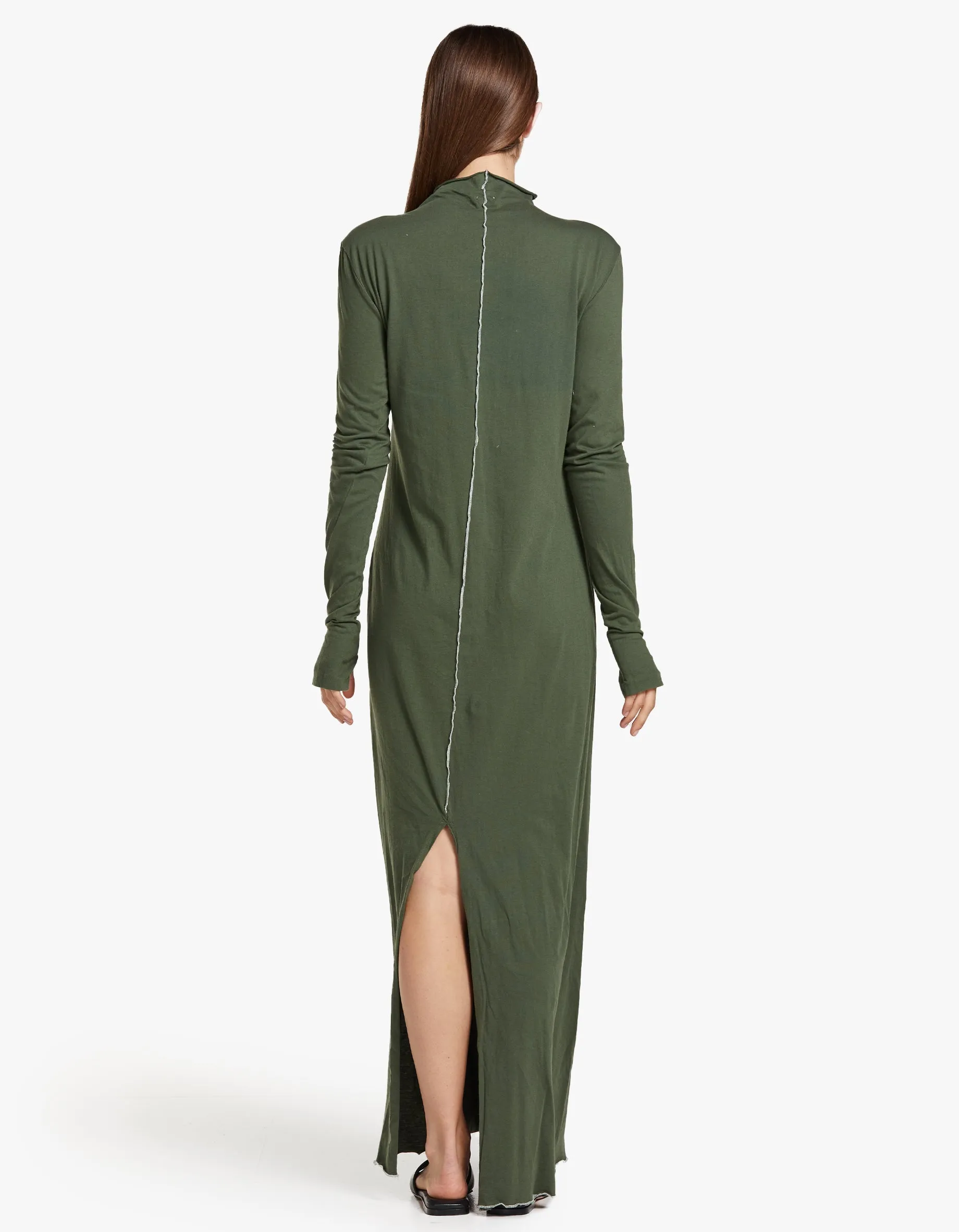 Bassike x Superette Raised Neck Contrast L/S Dress - Khaki Green/Salt