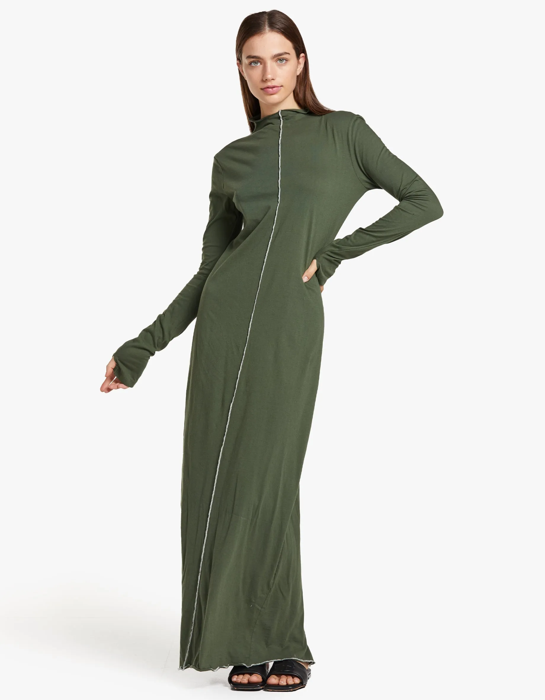 Bassike x Superette Raised Neck Contrast L/S Dress - Khaki Green/Salt