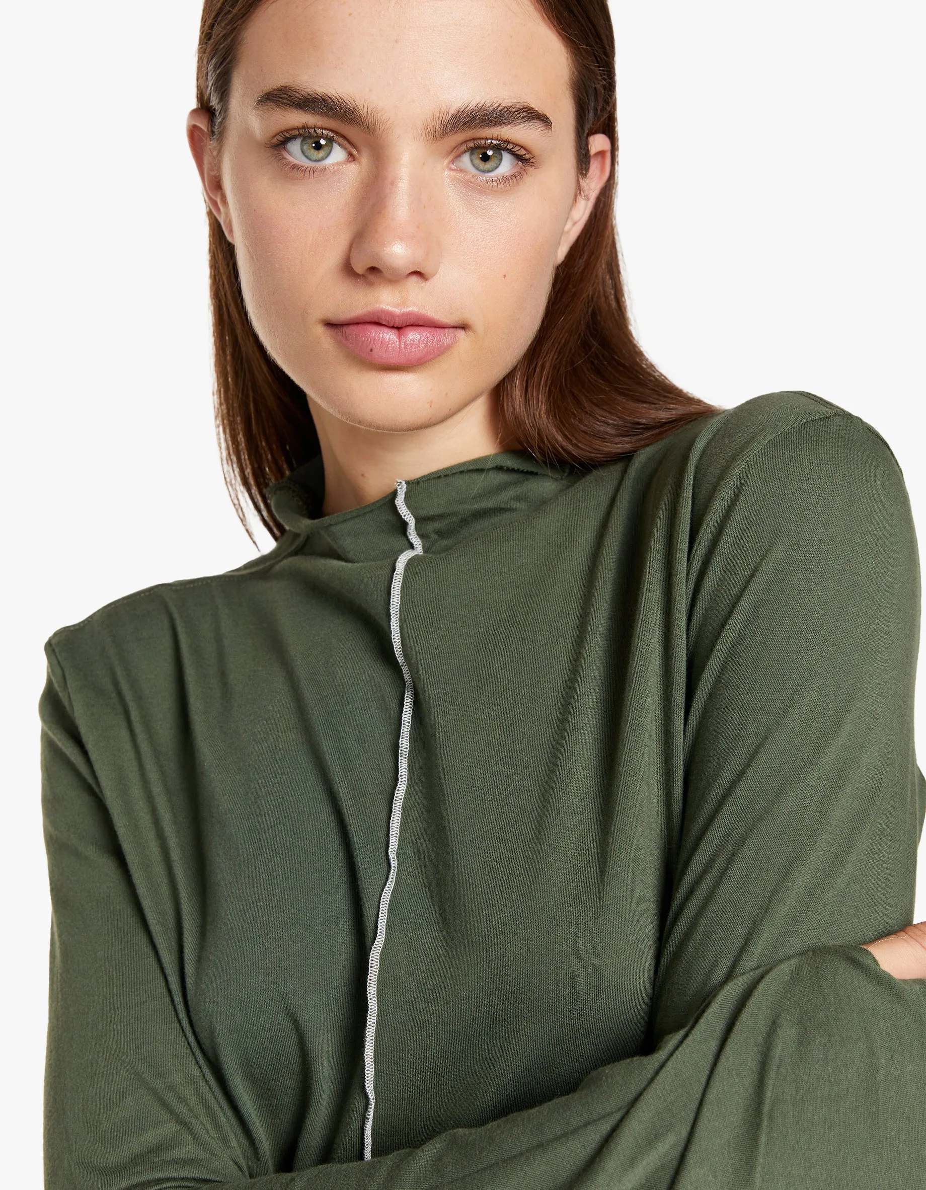 Bassike x Superette Raised Neck Contrast L/S Dress - Khaki Green/Salt
