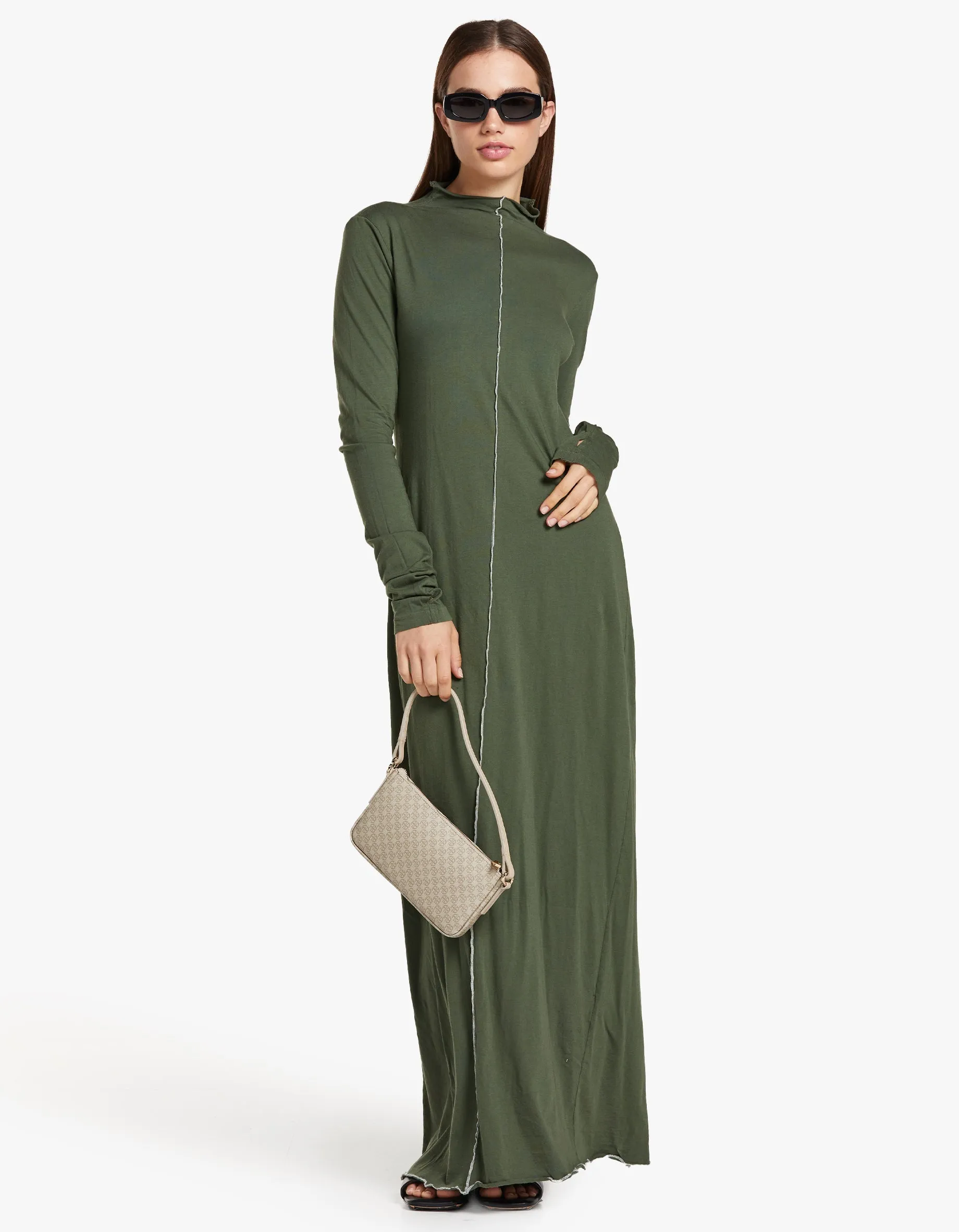 Bassike x Superette Raised Neck Contrast L/S Dress - Khaki Green/Salt