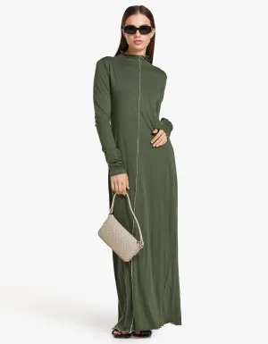 Bassike x Superette Raised Neck Contrast L/S Dress - Khaki Green/Salt
