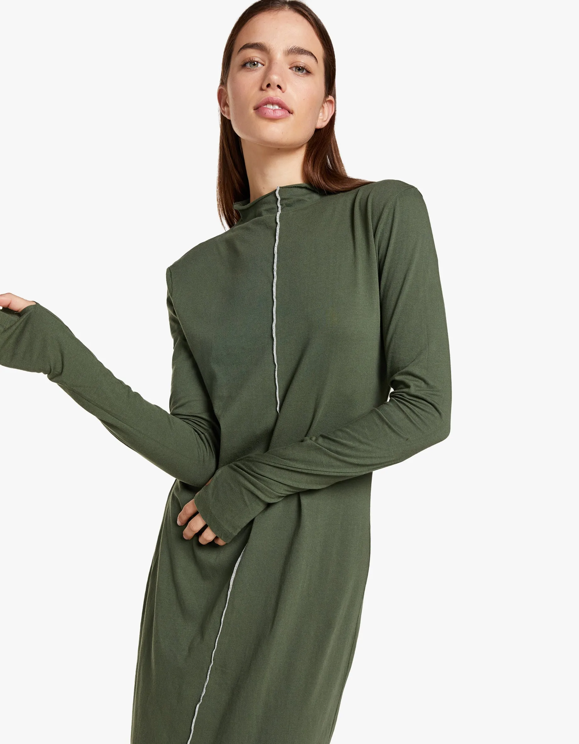 Bassike x Superette Raised Neck Contrast L/S Dress - Khaki Green/Salt