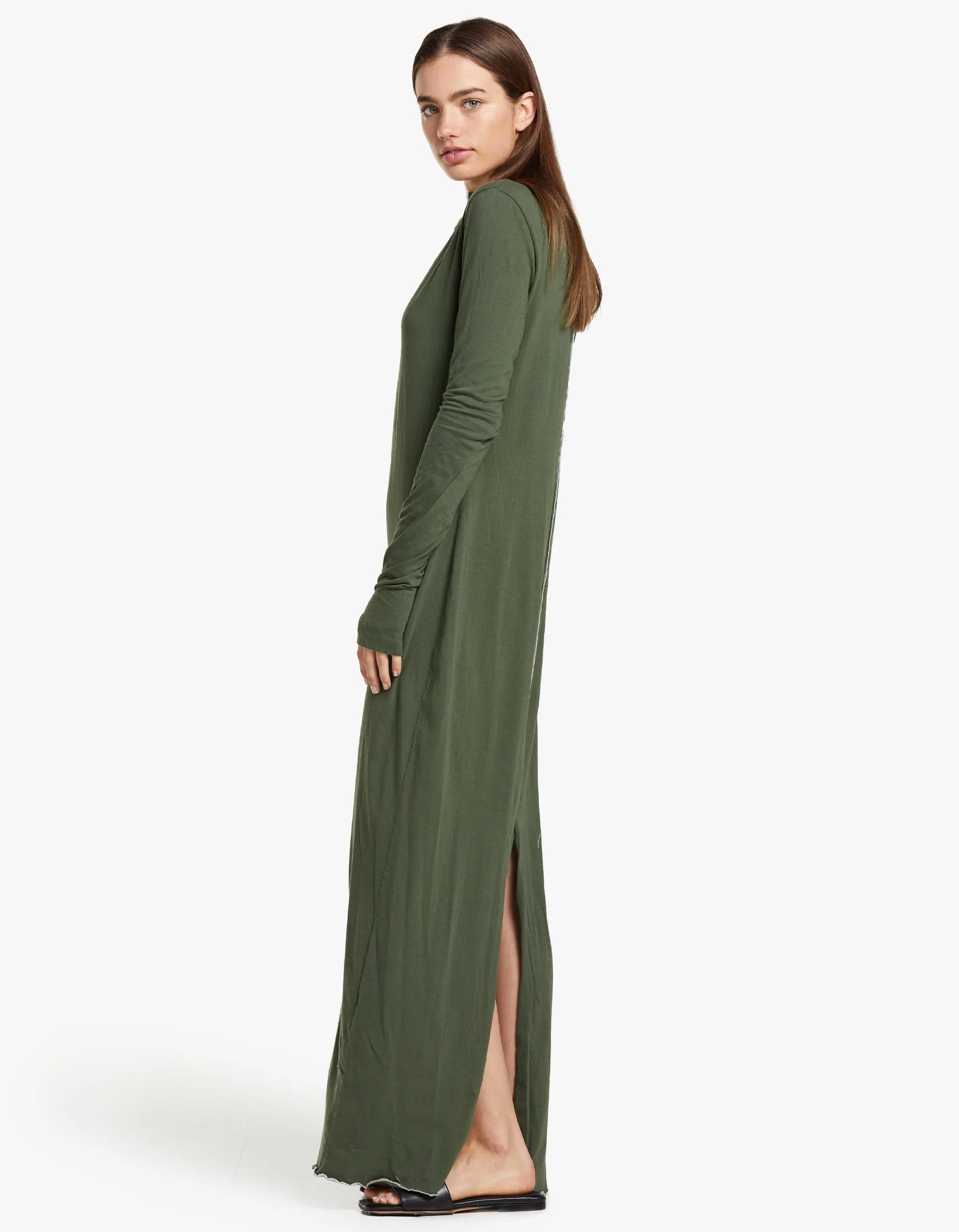 Bassike x Superette Raised Neck Contrast L/S Dress - Khaki Green/Salt