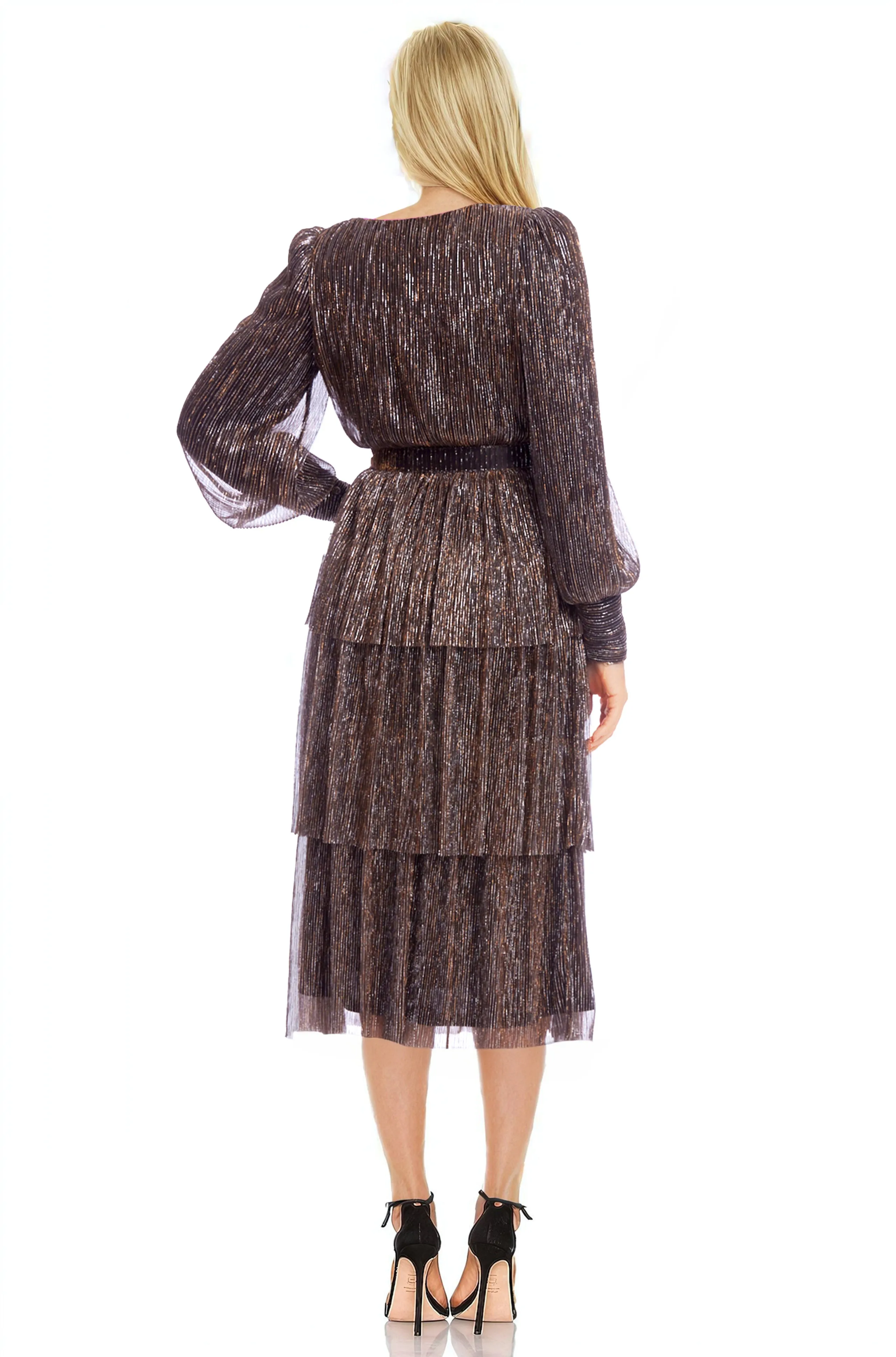 Berry - Belted Long Sleeve Tiered Dress