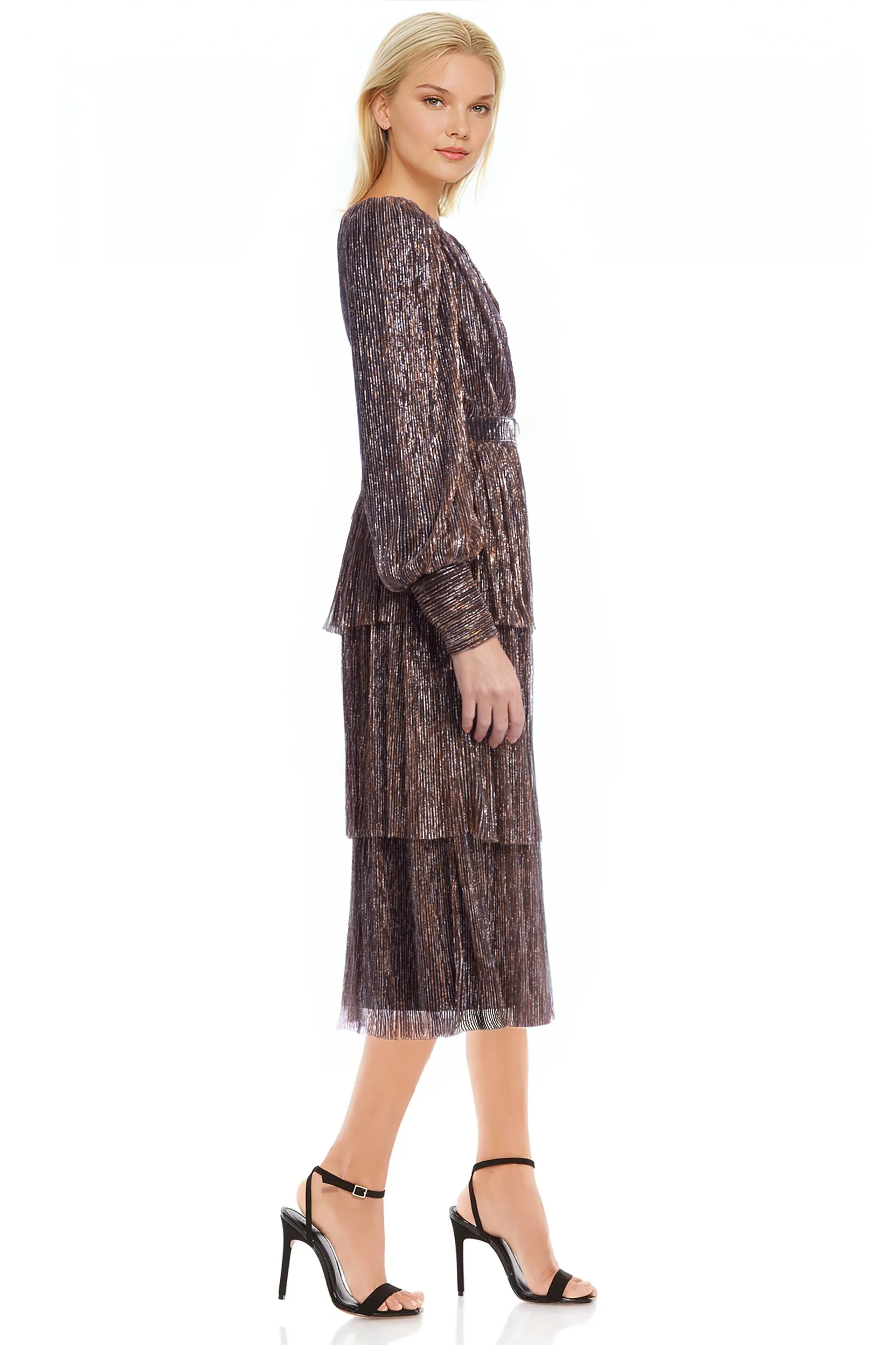 Berry - Belted Long Sleeve Tiered Dress