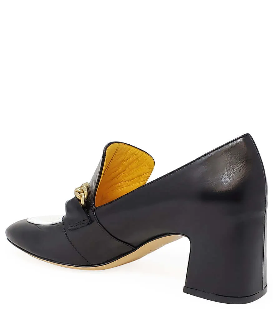 Black & White Leather Mid Heel Loafer W/Chain