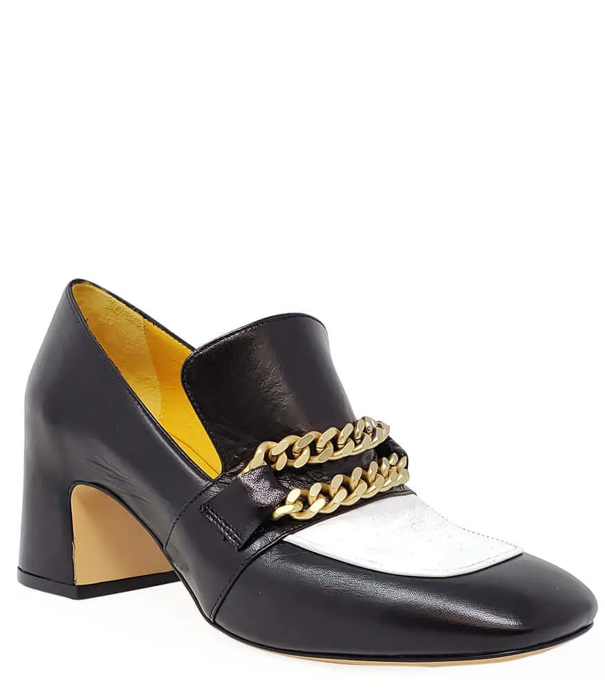 Black & White Leather Mid Heel Loafer W/Chain