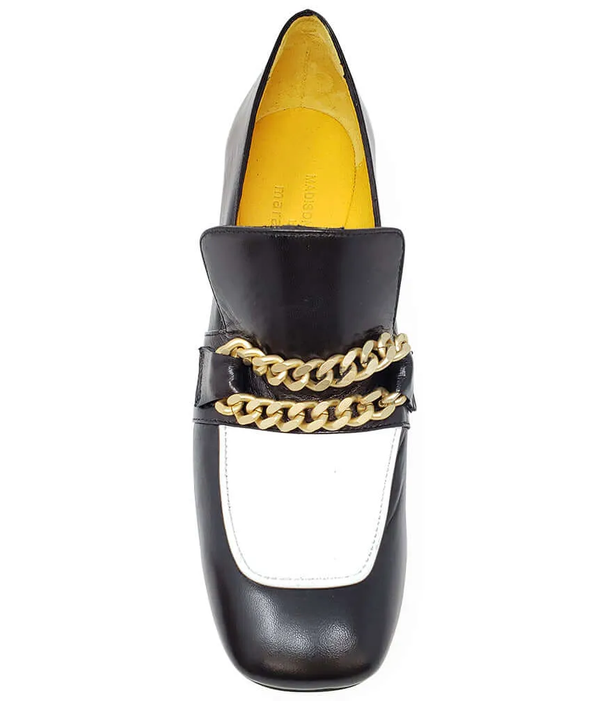 Black & White Leather Mid Heel Loafer W/Chain
