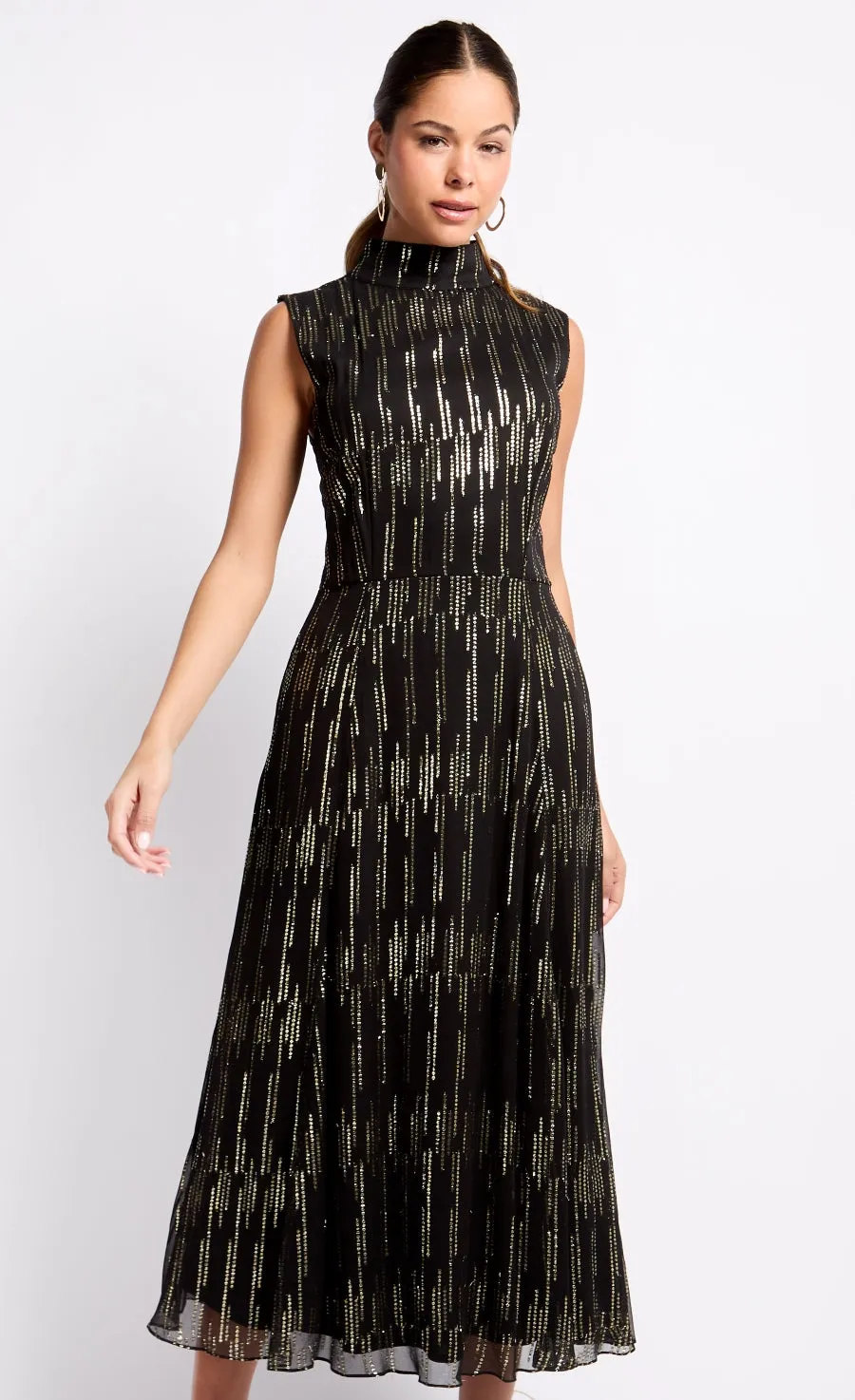 Black and Gold Tie Back Midi Dress