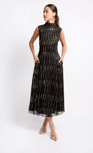 Black and Gold Tie Back Midi Dress