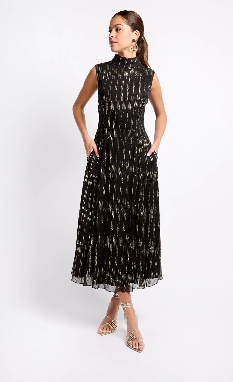 Black and Gold Tie Back Midi Dress