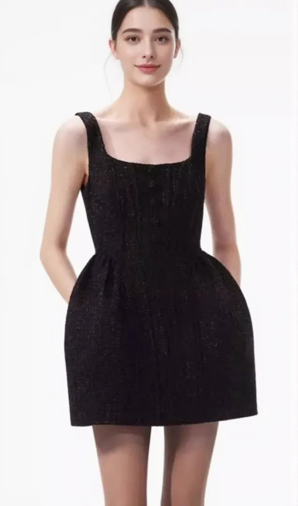 BLACK BOUCLE MINI DRESS