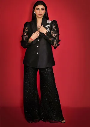 Black Raw Silk Embellished Blazer & Cut Dana Sharara Set
