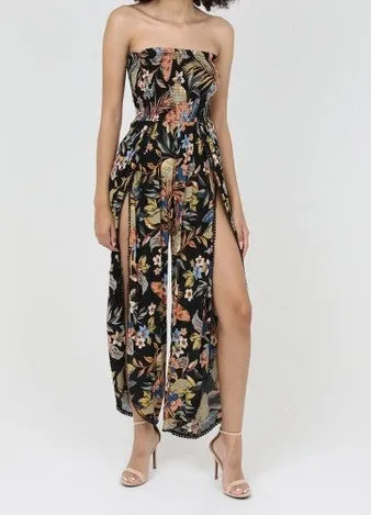 Black Smocked Floral Jumpsuit
