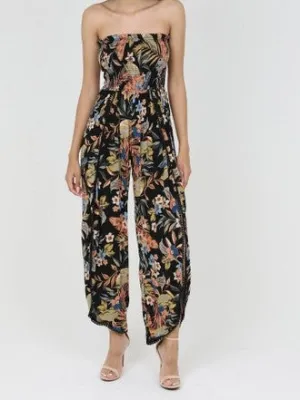 Black Smocked Floral Jumpsuit