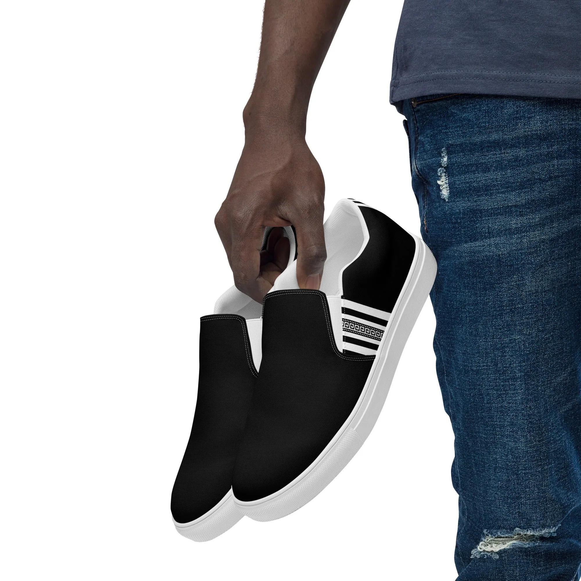 Black White Greek Key Men’s slip-on canvas shoes