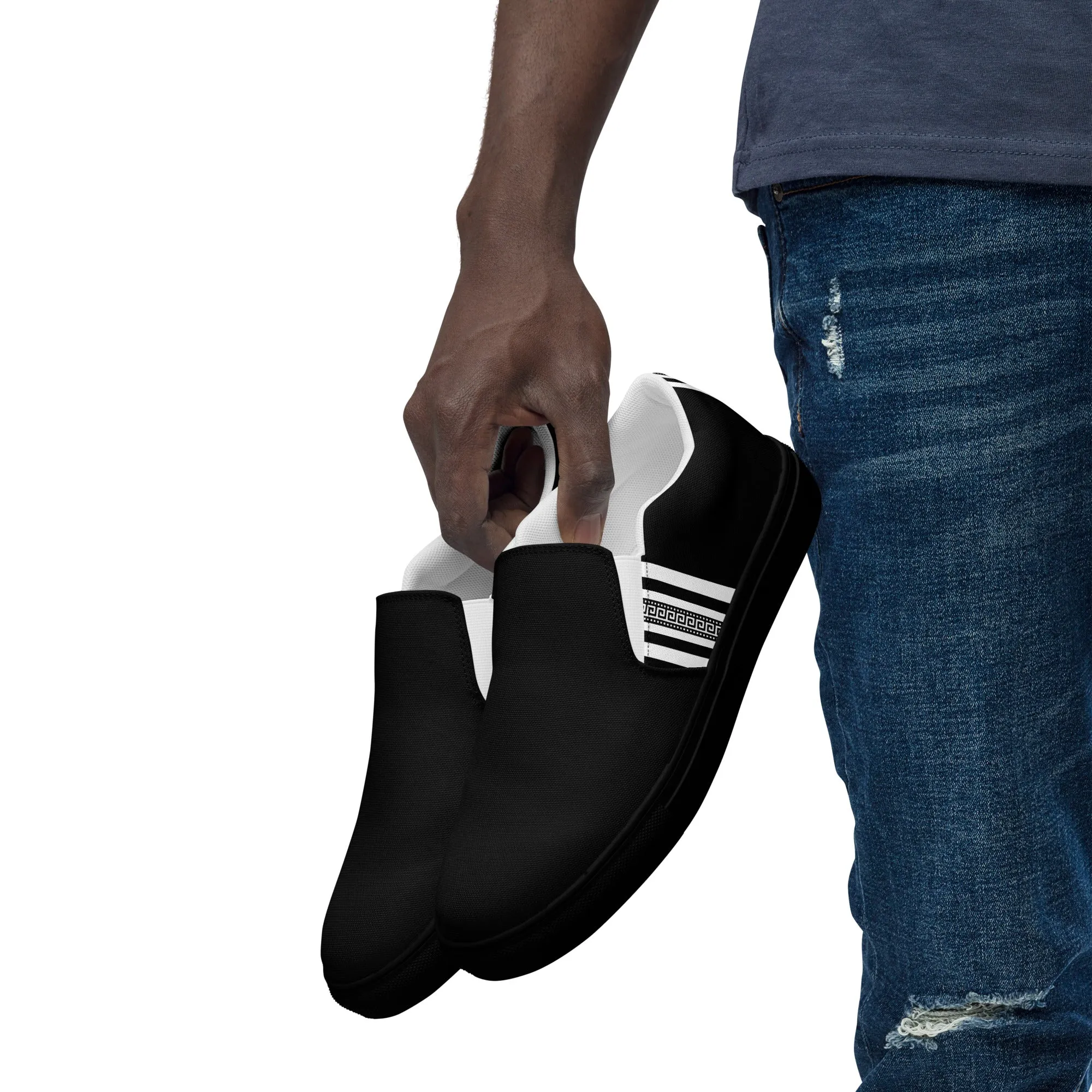 Black White Greek Key Men’s slip-on canvas shoes