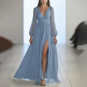 Blue long-sleeved solid color maxi dress