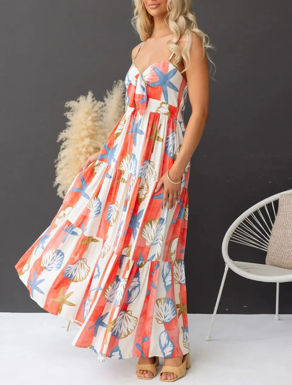 Boho Coastal Print Lace-Up Maxi Dress with Spaghetti Straps