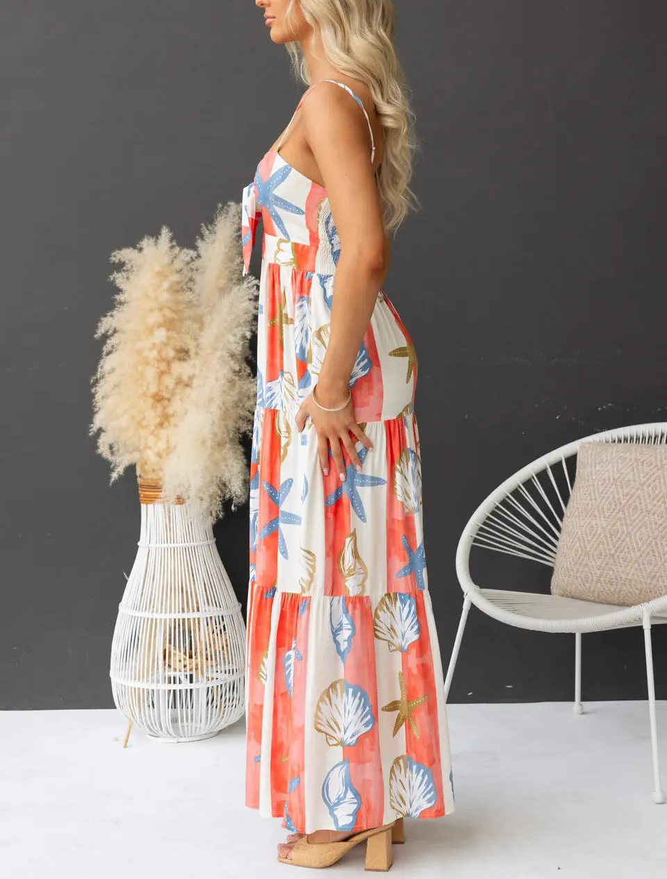 Boho Coastal Print Lace-Up Maxi Dress with Spaghetti Straps