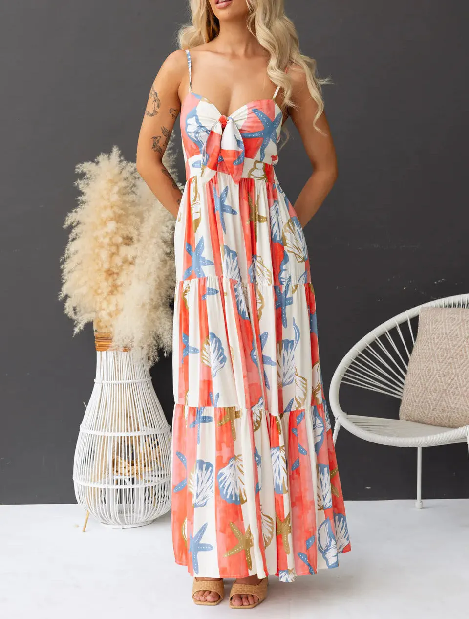 Boho Coastal Print Lace-Up Maxi Dress with Spaghetti Straps