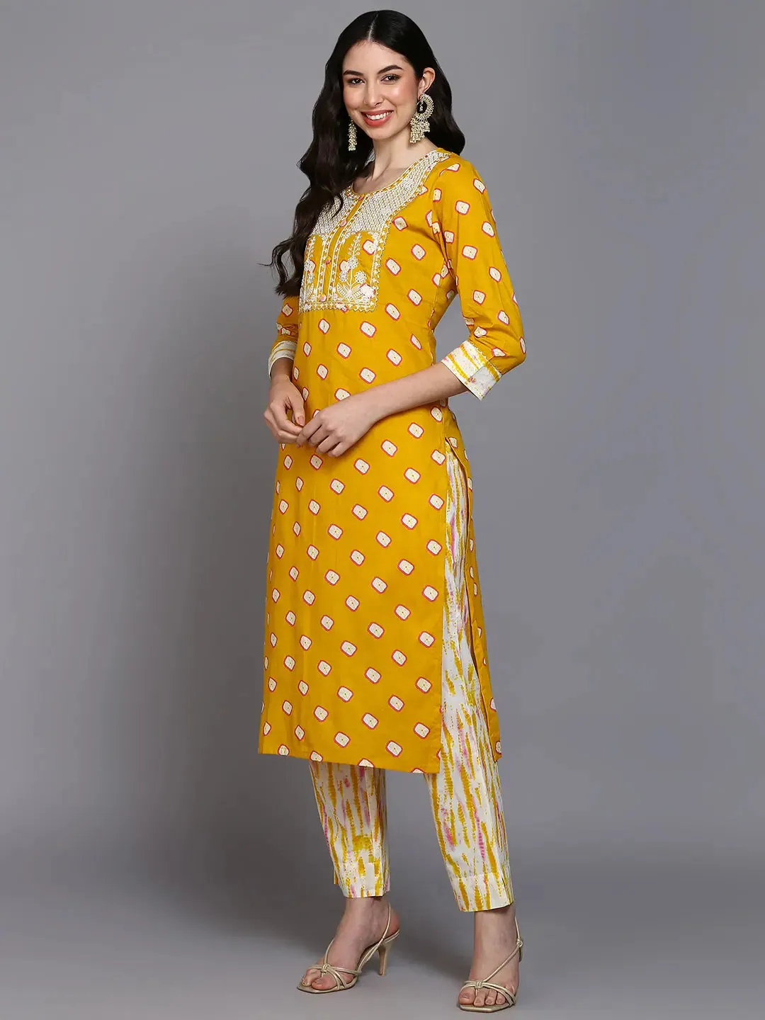 Cotton Yellow Bandhani Printed Straight Kurta Pant-VKSKD1926