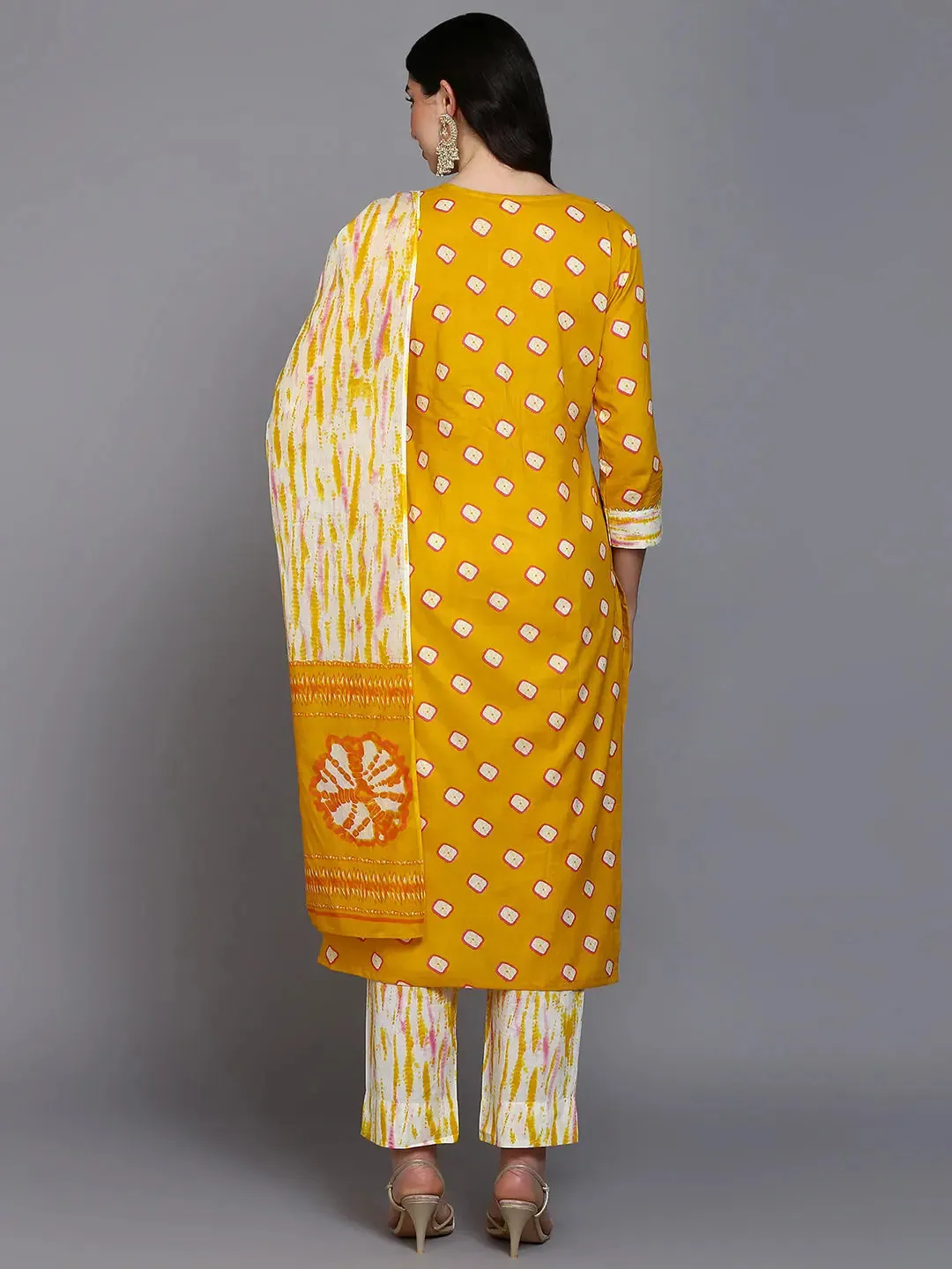 Cotton Yellow Bandhani Printed Straight Kurta Pant-VKSKD1926