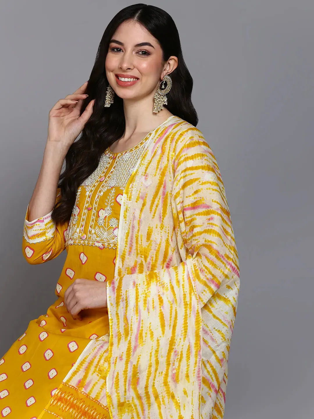Cotton Yellow Bandhani Printed Straight Kurta Pant-VKSKD1926
