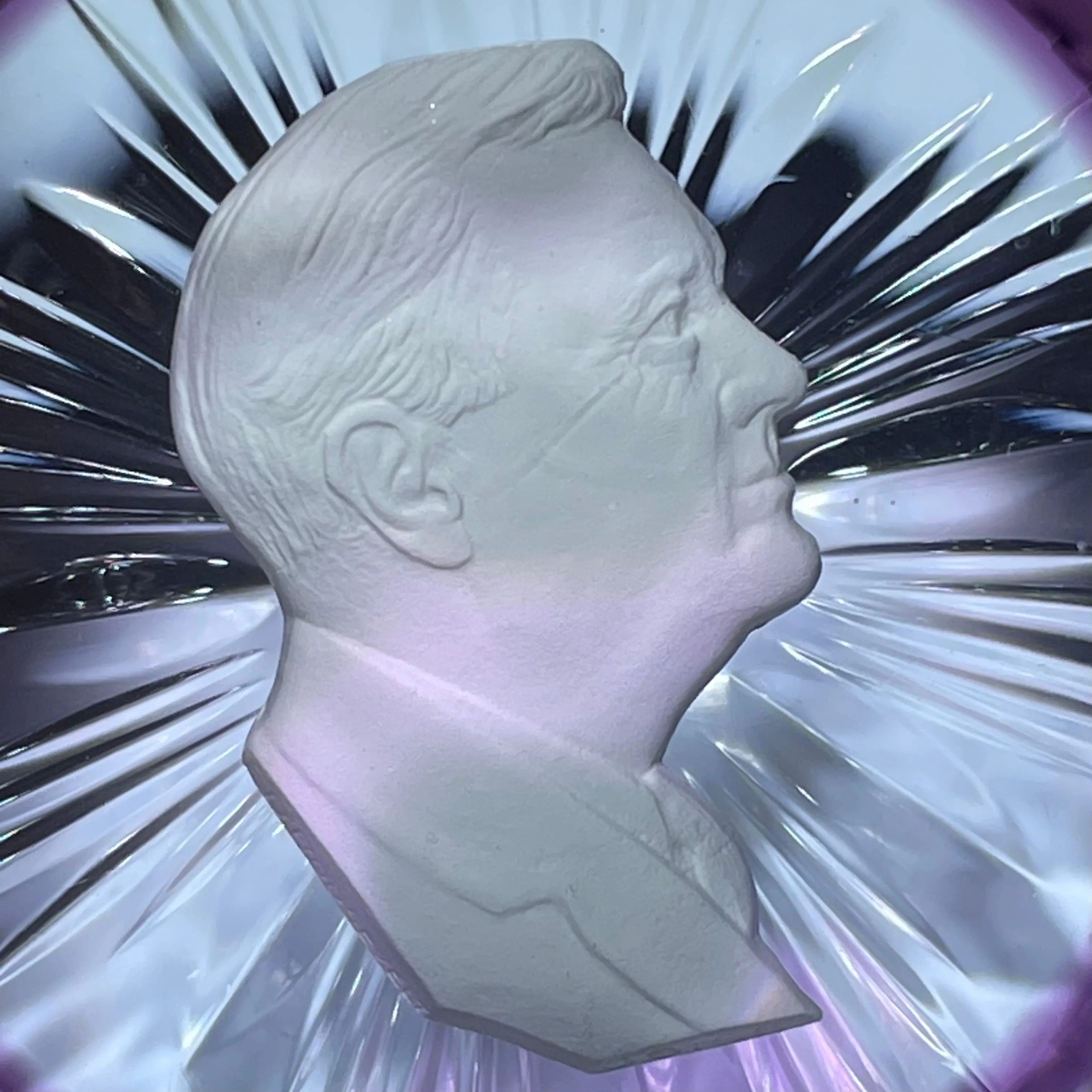 Cristal d'Albret Franklin Delano Roosevelt FDR Sulphide With Fancy Cut Plum Colored Overlay