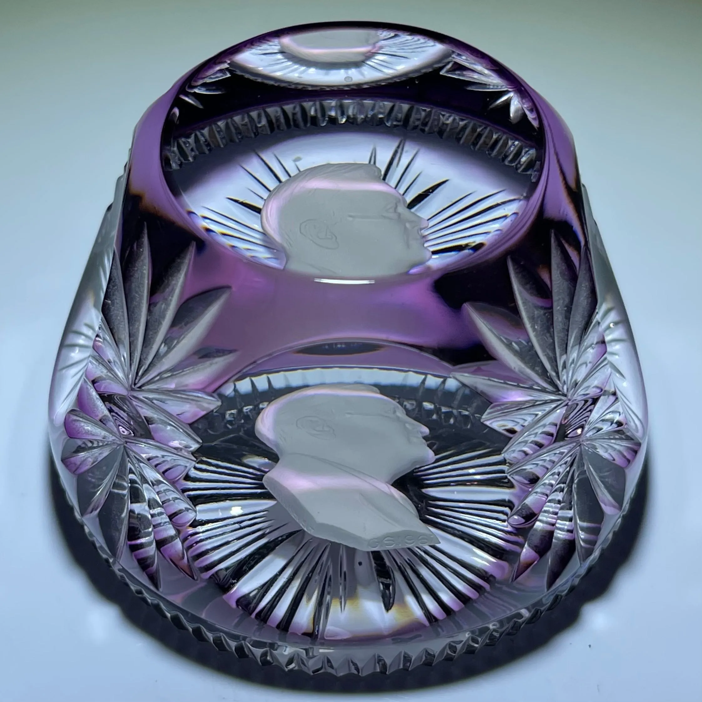 Cristal d'Albret Franklin Delano Roosevelt FDR Sulphide With Fancy Cut Plum Colored Overlay