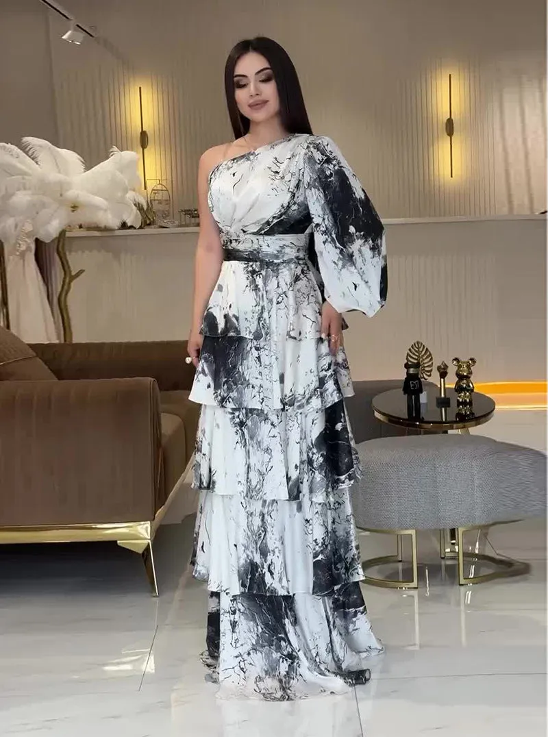 Elegant One-Shoulder Marble Print Tiered Maxi Dress