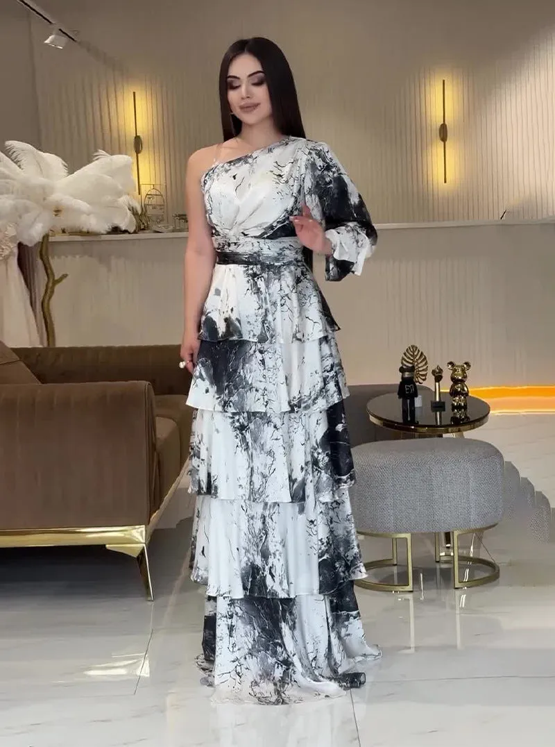 Elegant One-Shoulder Marble Print Tiered Maxi Dress
