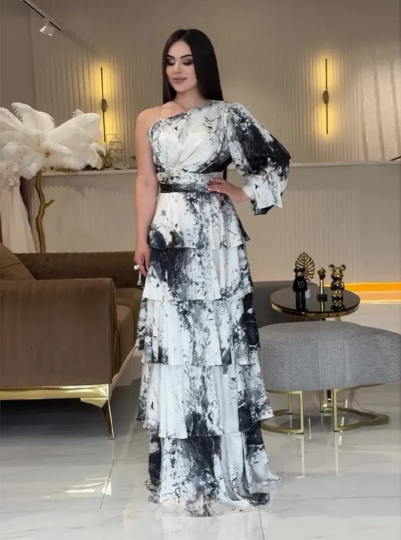 Elegant One-Shoulder Marble Print Tiered Maxi Dress