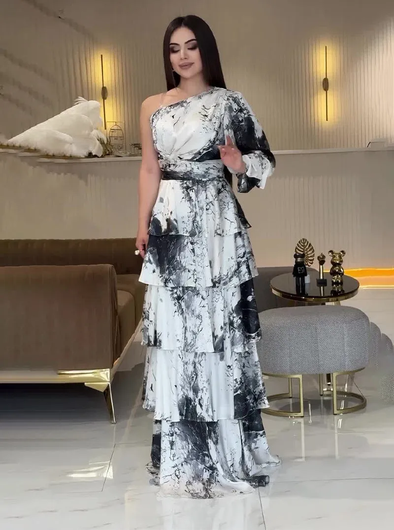Elegant One-Shoulder Marble Print Tiered Maxi Dress