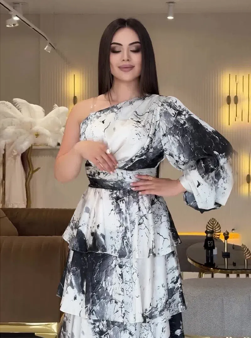 Elegant One-Shoulder Marble Print Tiered Maxi Dress