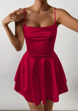 Elegant Satin Spaghetti Strap Layered Flowy Mini Dress
