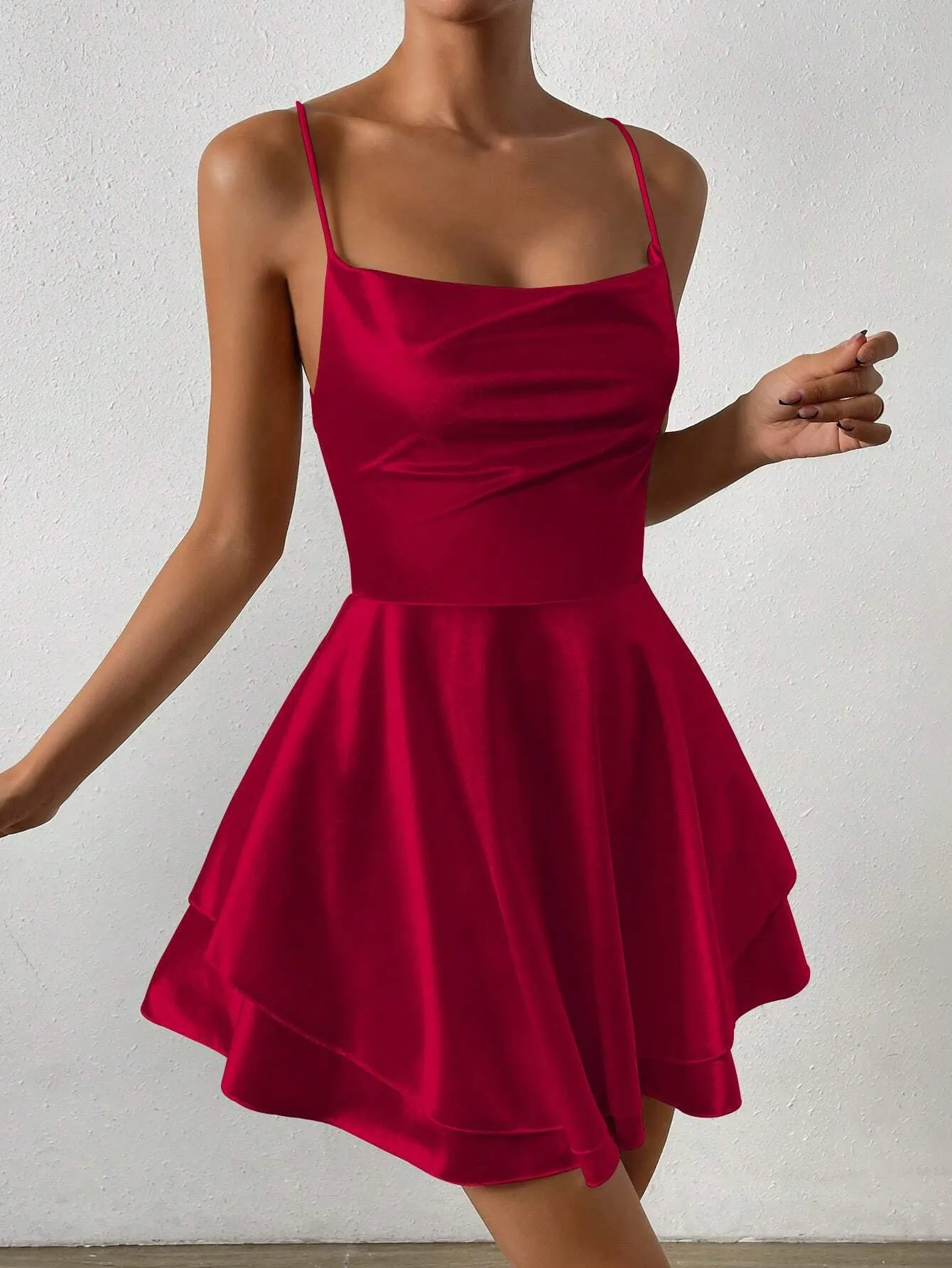 Elegant Satin Spaghetti Strap Layered Flowy Mini Dress