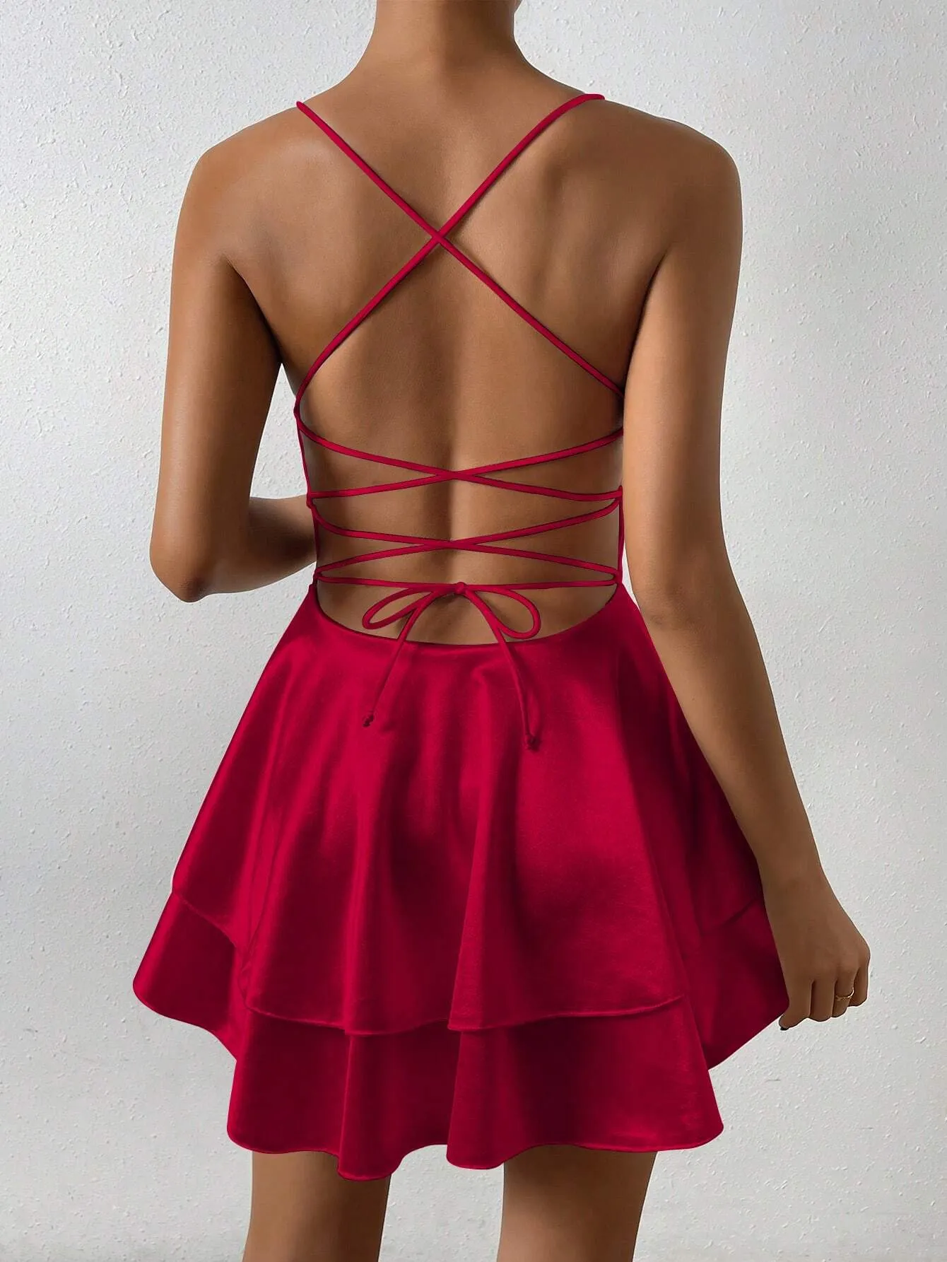 Elegant Satin Spaghetti Strap Layered Flowy Mini Dress