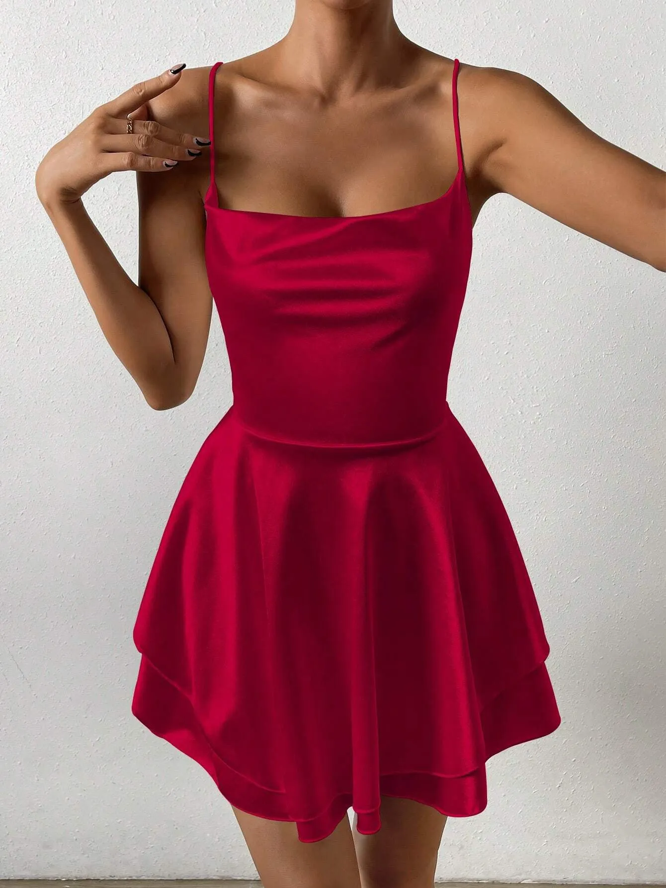Elegant Satin Spaghetti Strap Layered Flowy Mini Dress